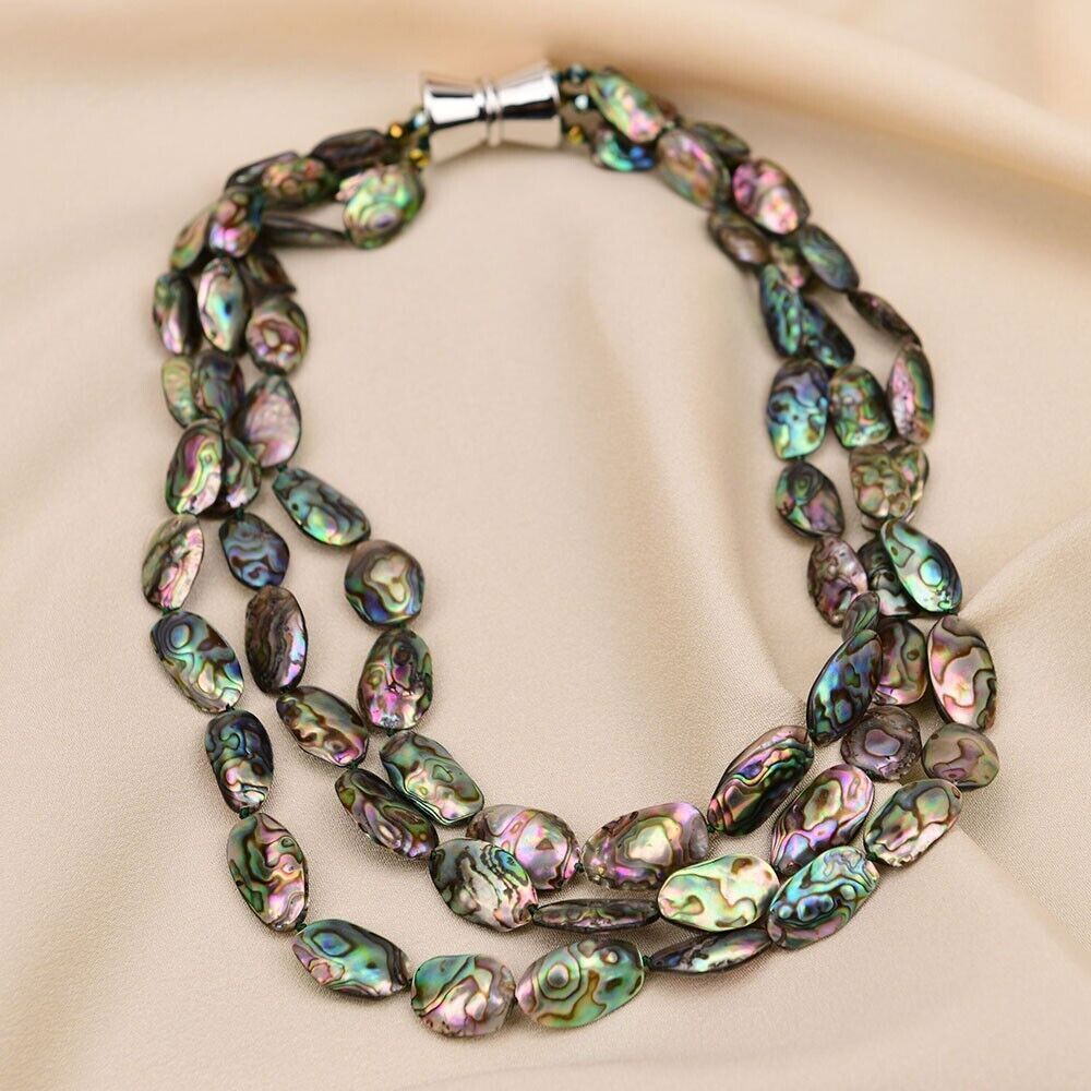 3 Rows Big Jewelry Natural Paua Abalone Shell Beads Necklace Multi Strands