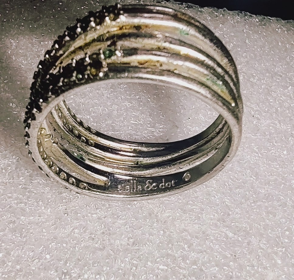 STELLA & DOT Silver Tone Ring With Faux Diamond Multi Band Ring Size 7.5 ((36))