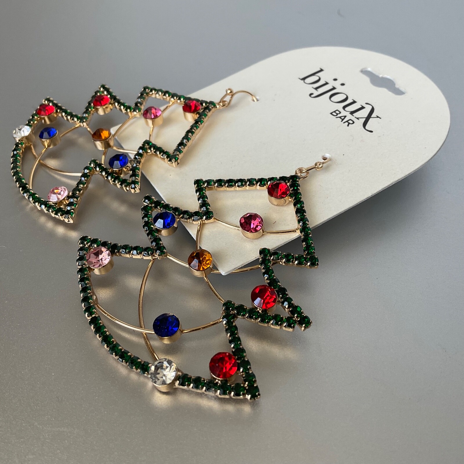 Rhinestone Christmas Tree Dangle Earrings Gold Tone Bijoux Bar 2.5” Drop