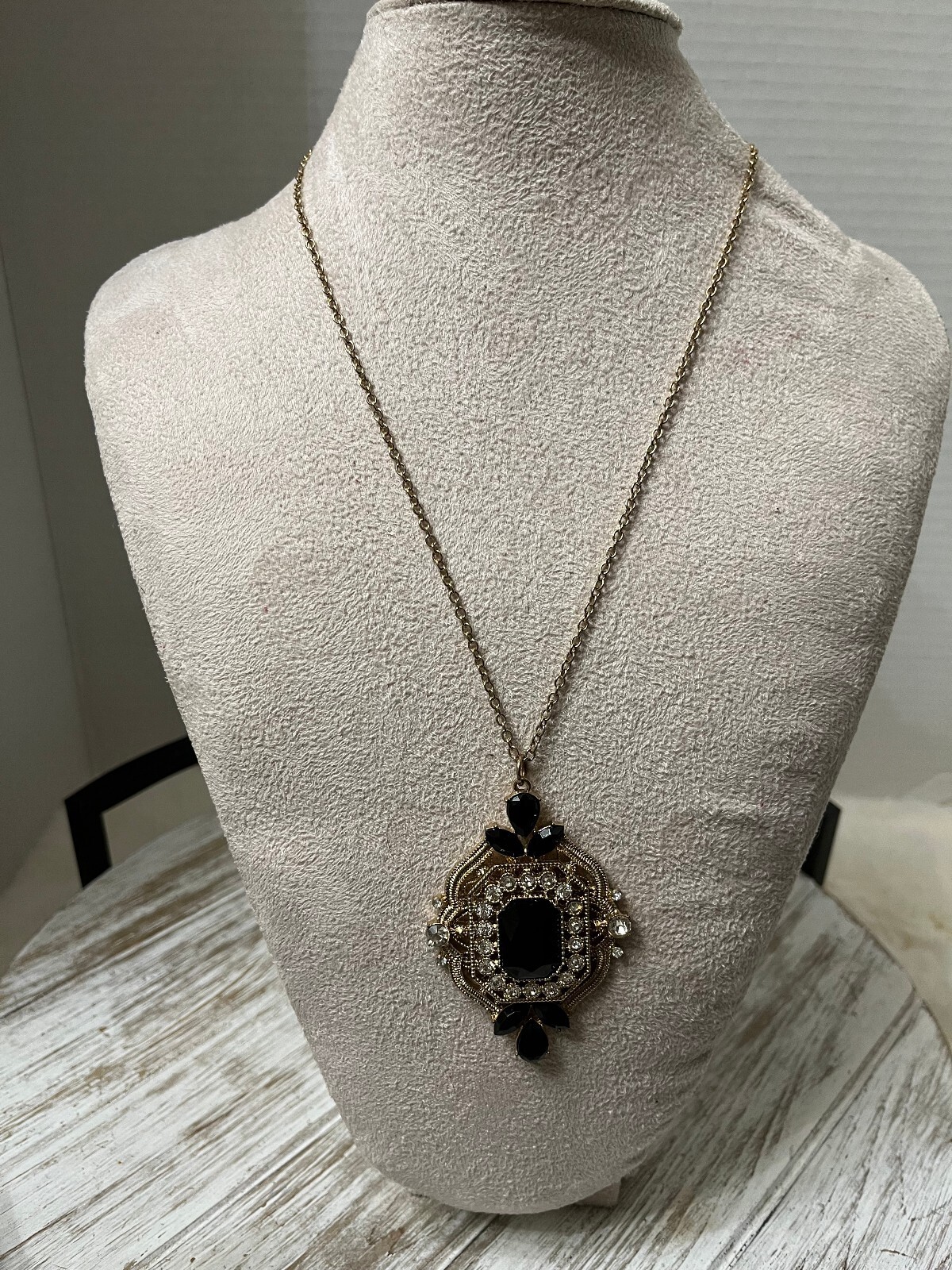 Vintage Style Gold Tone Necklace with Black and Clear Rhinestones Pendant