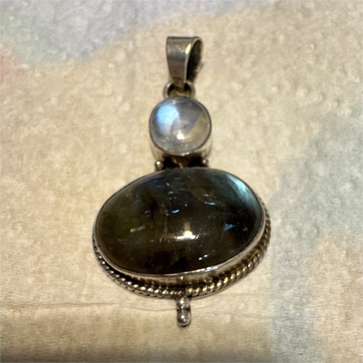 Silver Moonstone & Labradorite Oval Cabochon Bezel Set Pendant 2 Stone