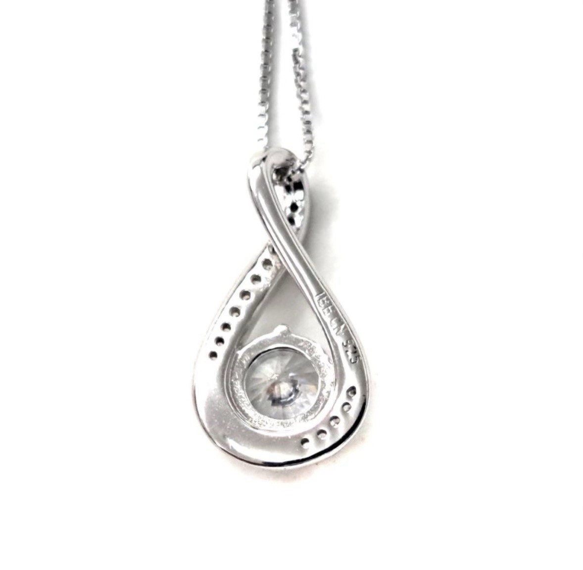 Silver Teardrop Pendant Necklace Cubic Zirconia Box Chain Prong Setting