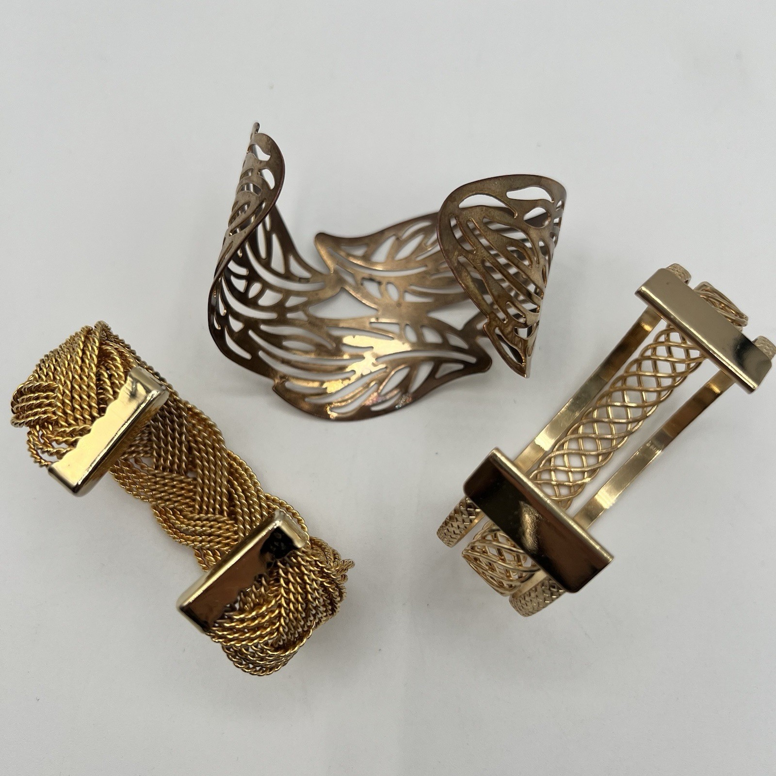 Wide Cuff Bracelet Lot Gold Tone Mesh Copper Openwork Statement Trio Bold Chunky