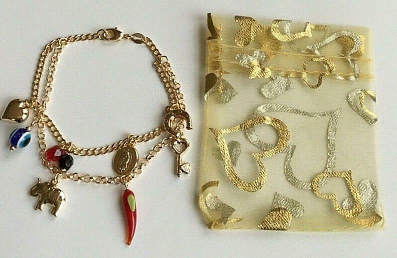 14K Gold Plated Luck,Money,Love Bracelet 7″ Long /Pulsera Suerte,Dinero -B126