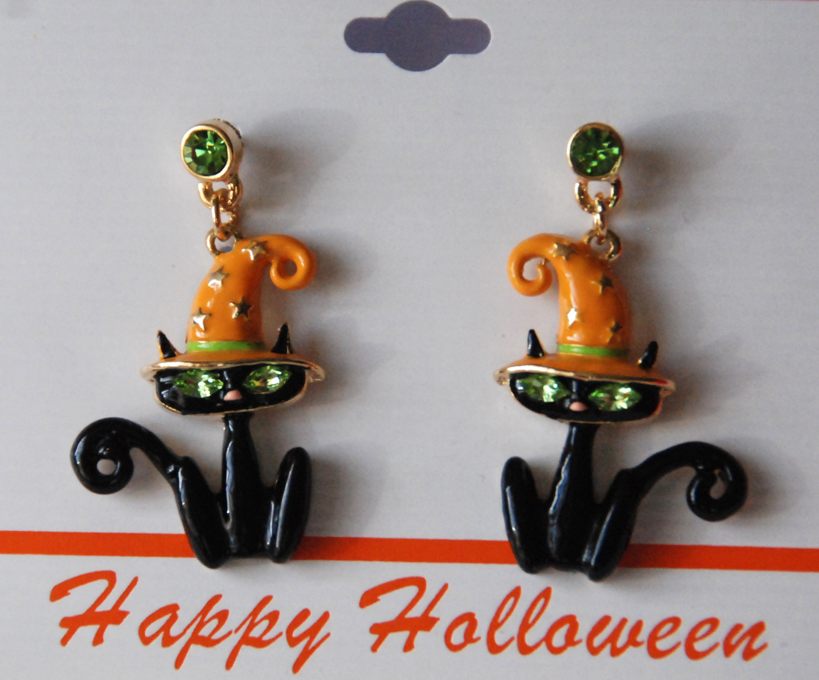 Black Cat w Witch Hat Halloween Earrings / Dangling Gold-tone Post / NWT