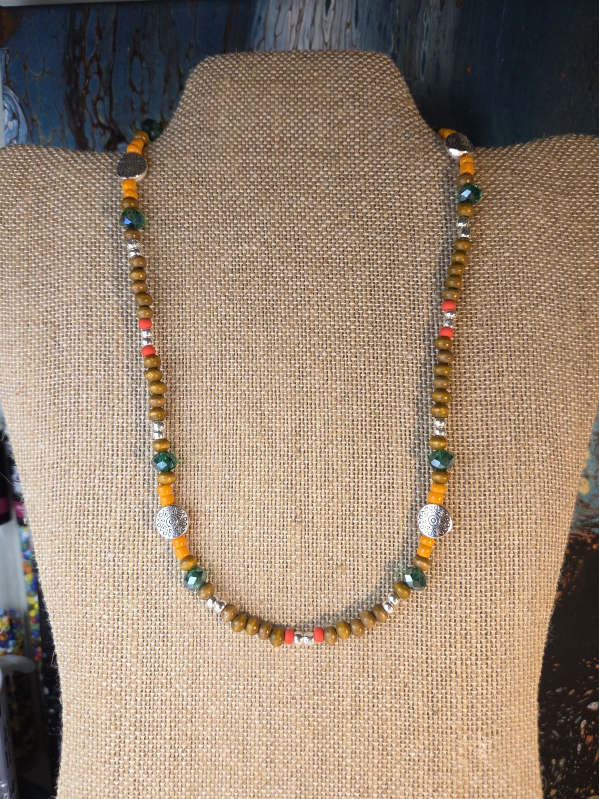 Beaded Necklace Wood Glass Beads Bohemian 18 Inches Lobster Clasp Green Red Boho
