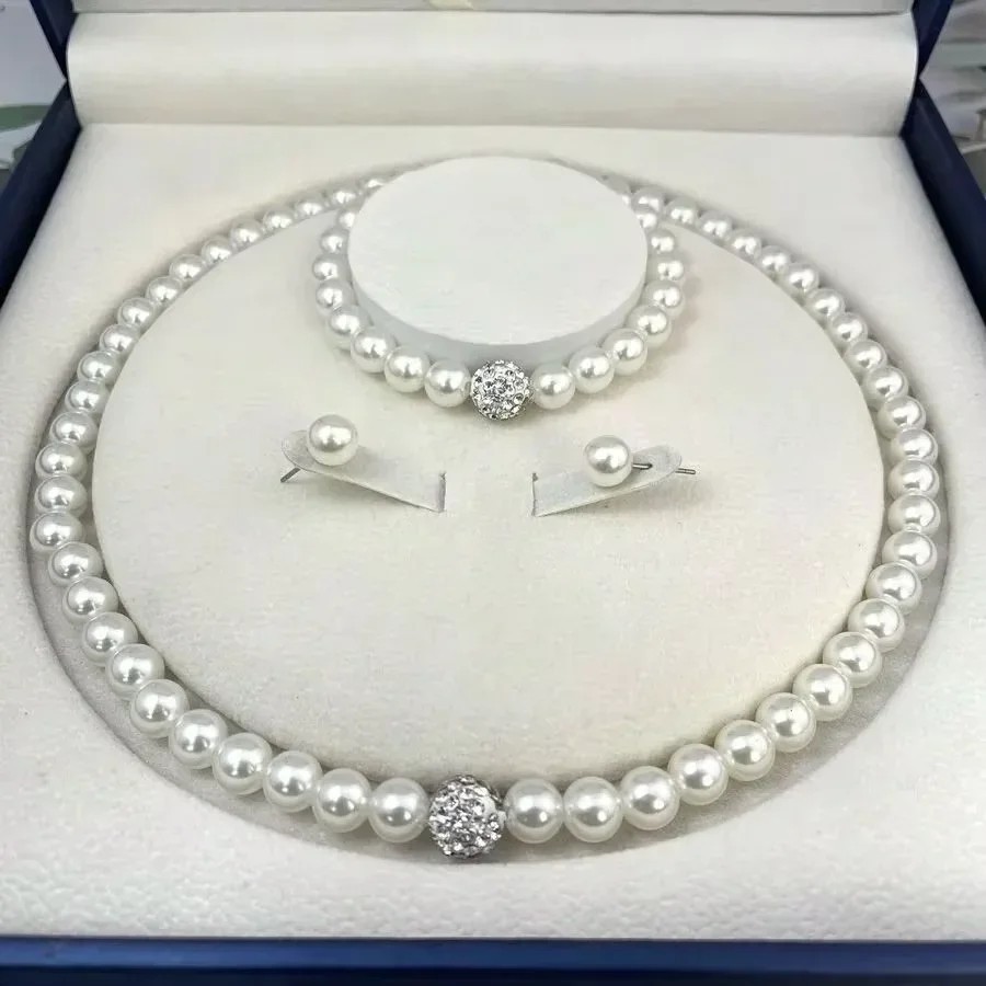 3Pcs Imitation White Pearl Necklace Bracelet Earrings Jewelry Set For Woman