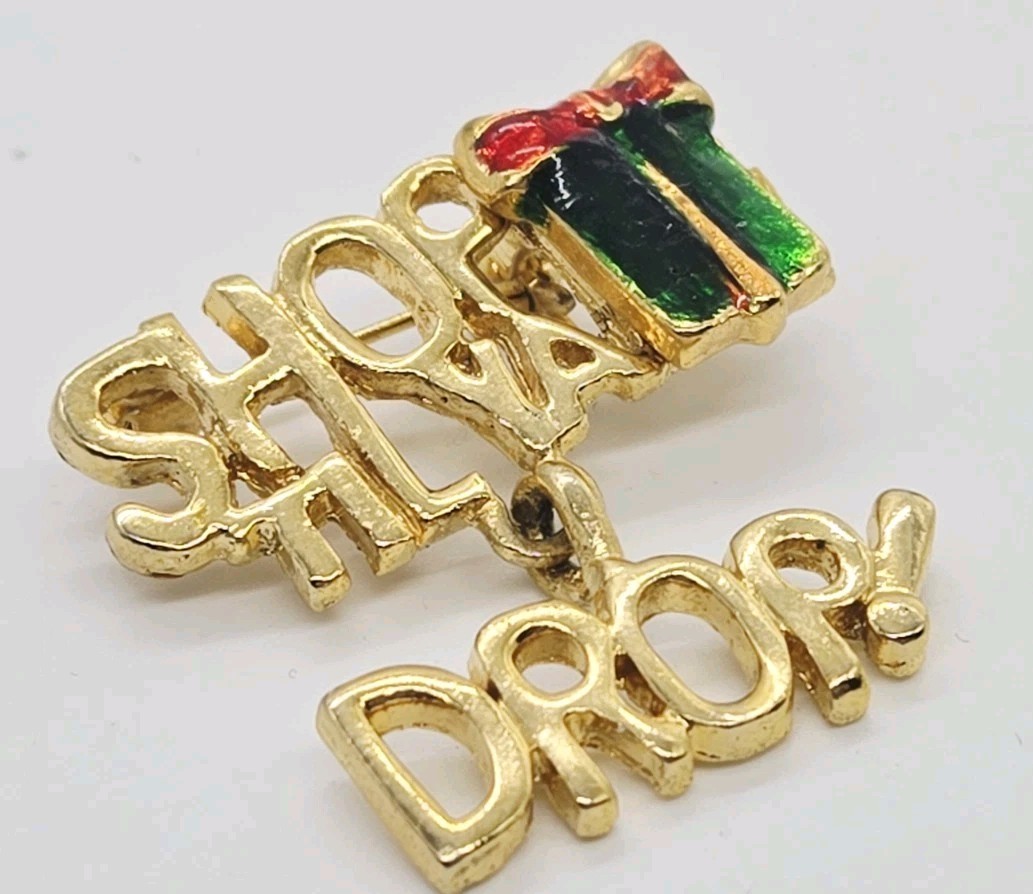 Shop Till you Drop Charm Brooch Gold Tone Enamel Holiday Christmas Pin Jewelry