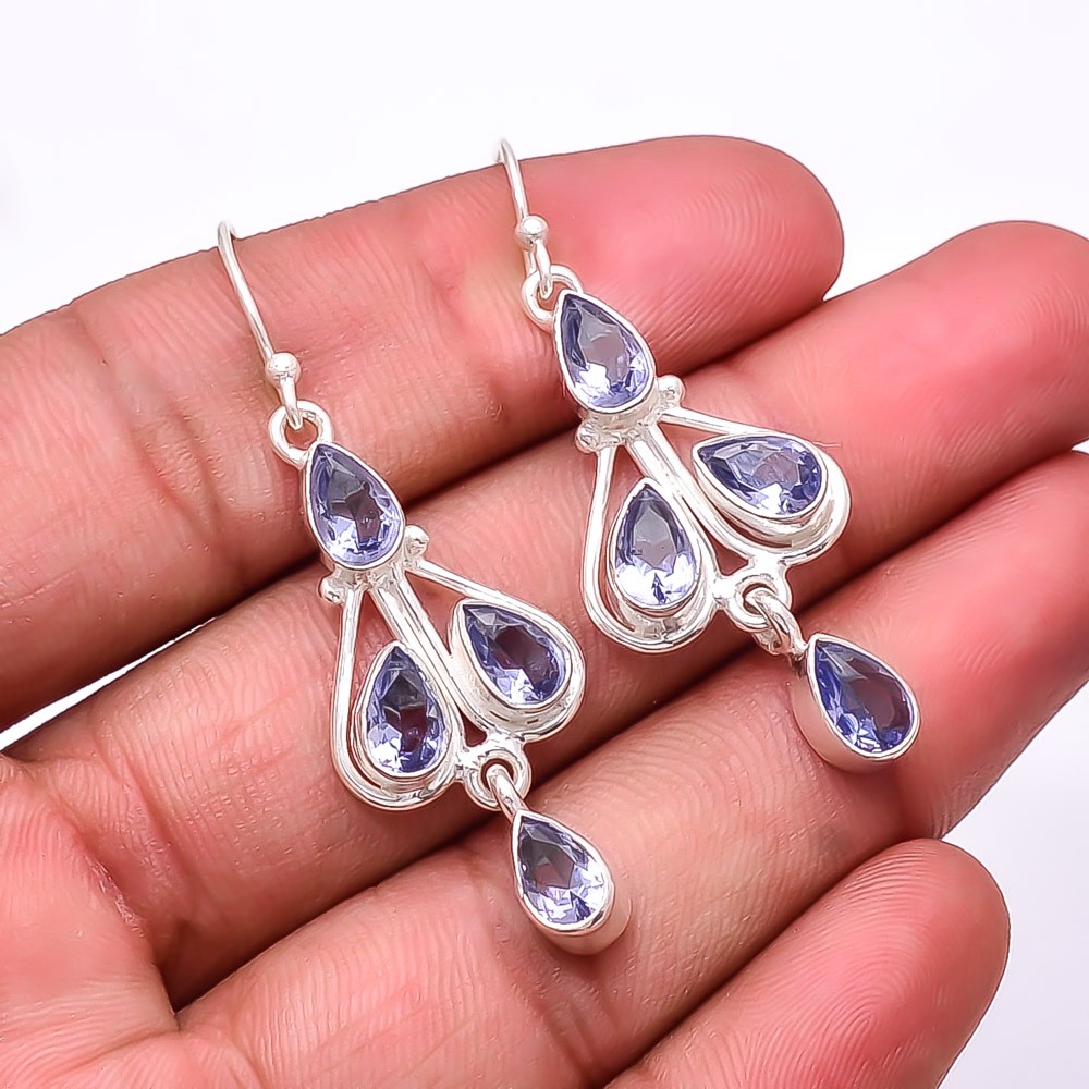 Iolite Multi Collet 925 Sterling Silver Handmade Earring 2.03″ E, Christmas Gift