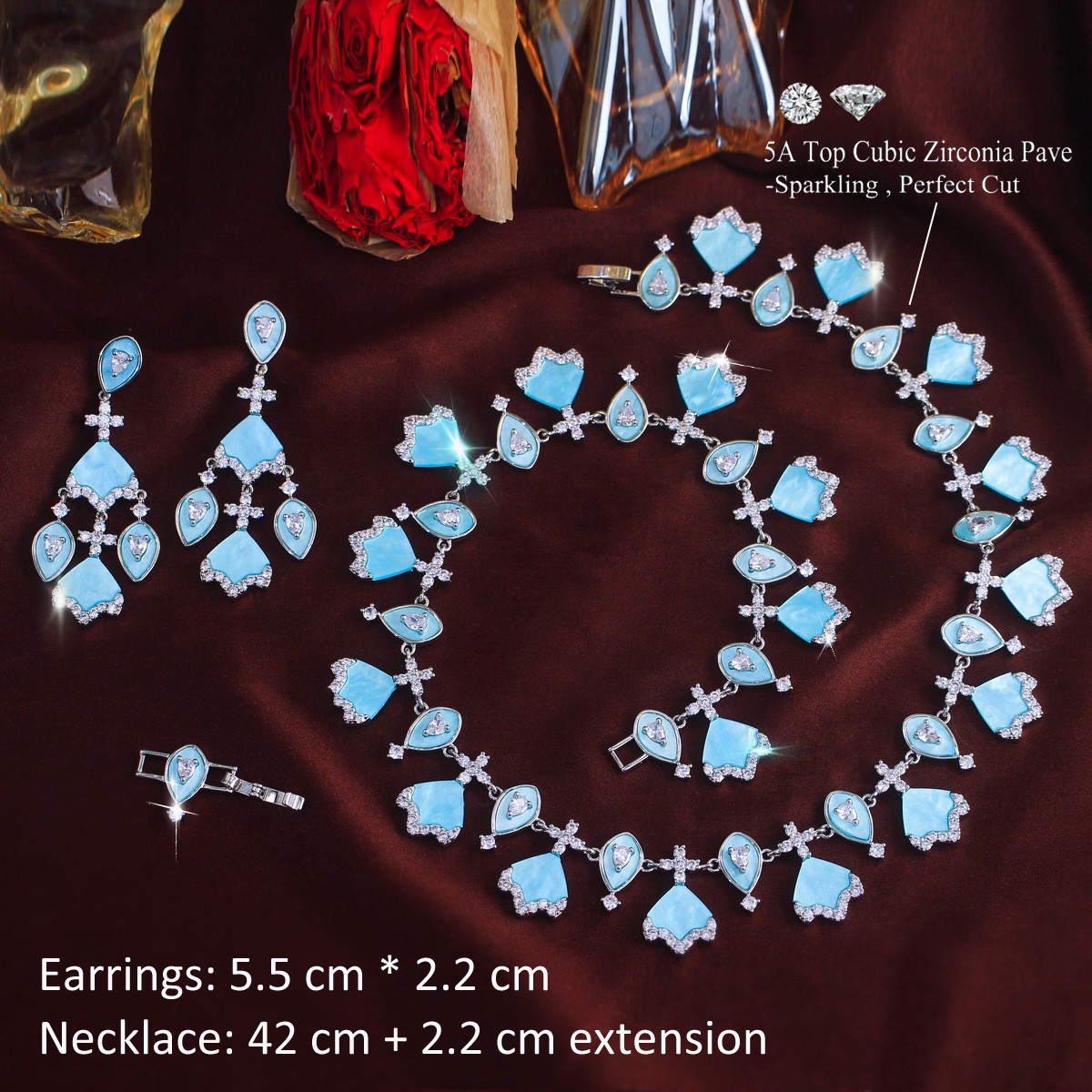 Light Blue Long Chandelier Earrings Necklace Women Zirconia Wedding Jewelry Set