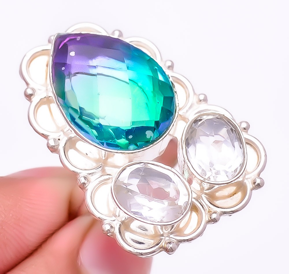 Bi-Color Tourmaline Gemstone 925 Silver Plated Ring 7 (10449) T656