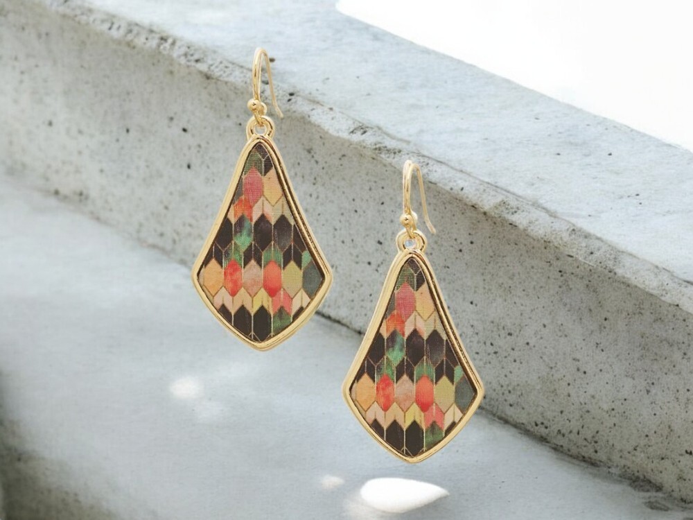 Geometric Printed Wood Moroccan Lozenge Shaped Earrings ~ NEW!