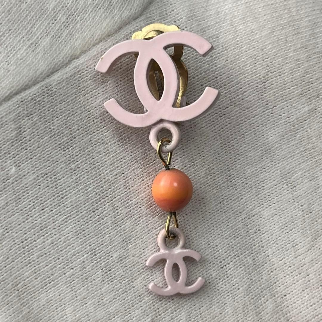 CHANEL 03S Pink CC Logo Dangle Clip On Earrings Orange Vintage Auth