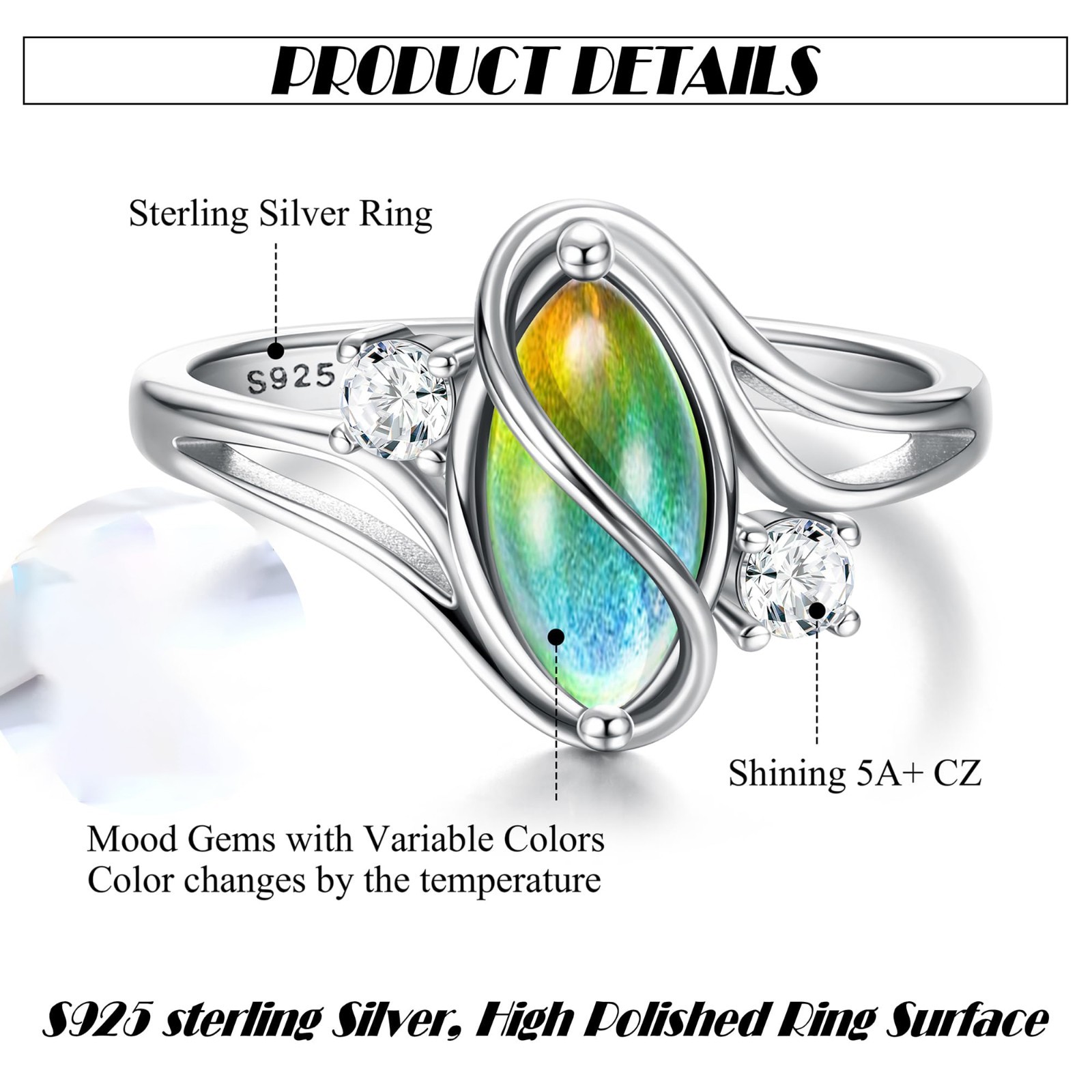 New 925 Sterling Silver Mood Stone Cz Ring for Women Size 8 USA