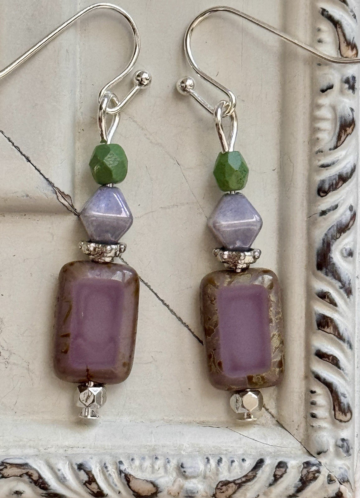 Silver, Purple and Green Picasso Bead Dangle Earrings.
