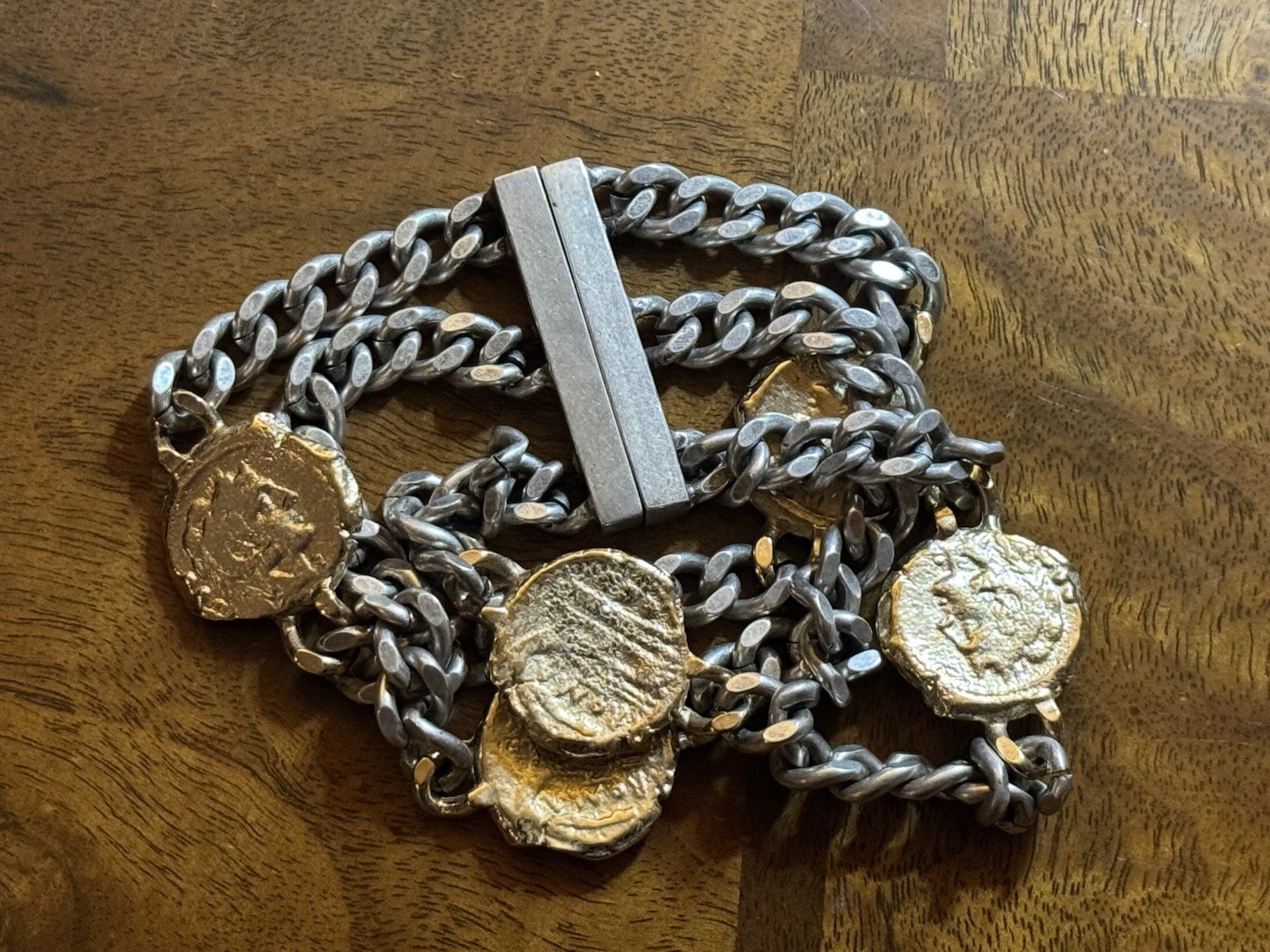 Tat2 Designs 3-Strand Heavy Curb Chain Bracelet with Roman Style Coins