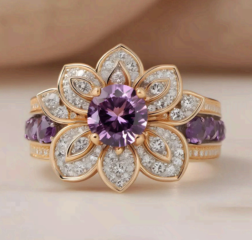 Copper Flower Statement Ring Purple CZ Fashion Cocktail Ring
