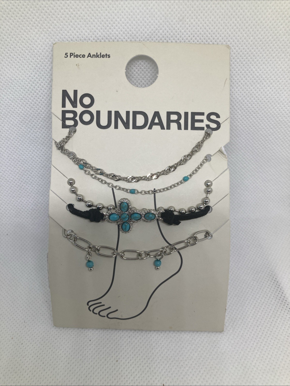 New No Boundaries Silvertone Turquoise Color Cross Chain 5 Piece Anklet Set