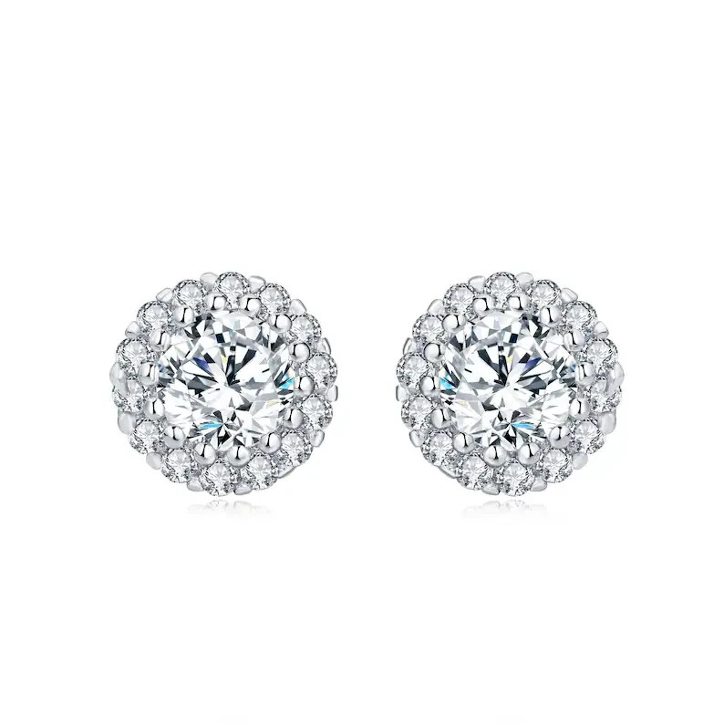 14K White Gold Plated Halo 1.62 Ct Round Cut Simulated Diamond Stud Earrings