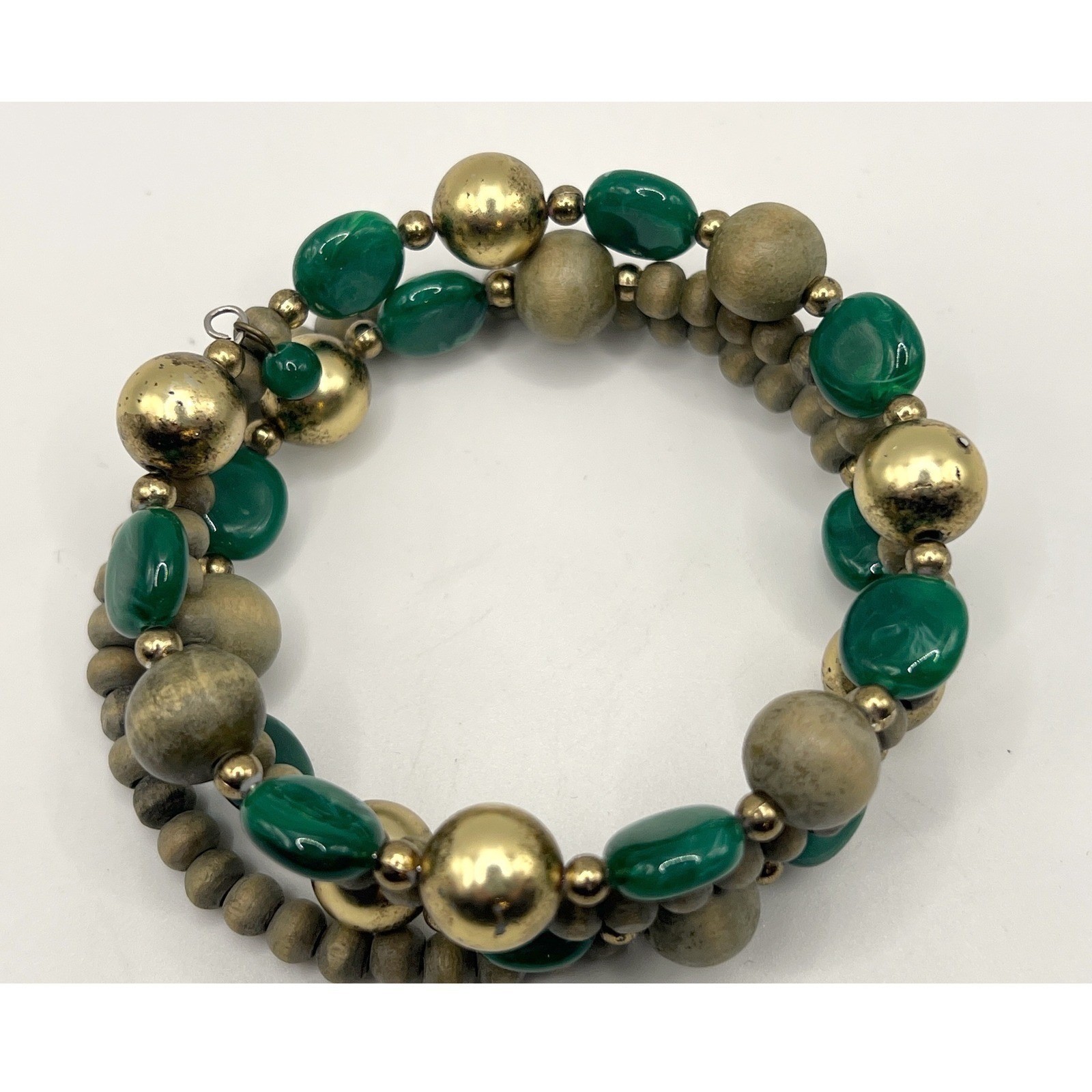 Green & Gold Beaded Memory Wire Bracelet Boho Statement Jewelry