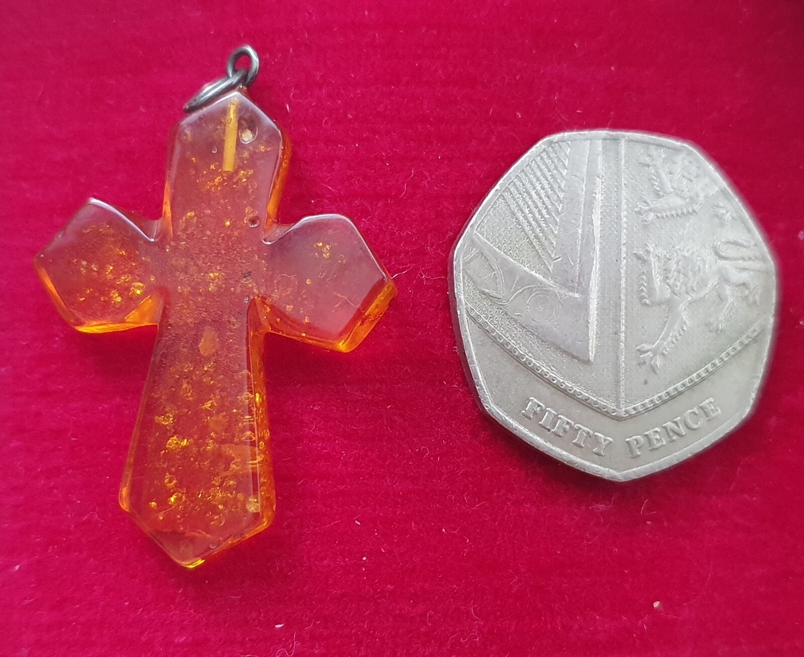 Artisan Amber Composite Silver Tone Cross Christian Religious Faith Pendant