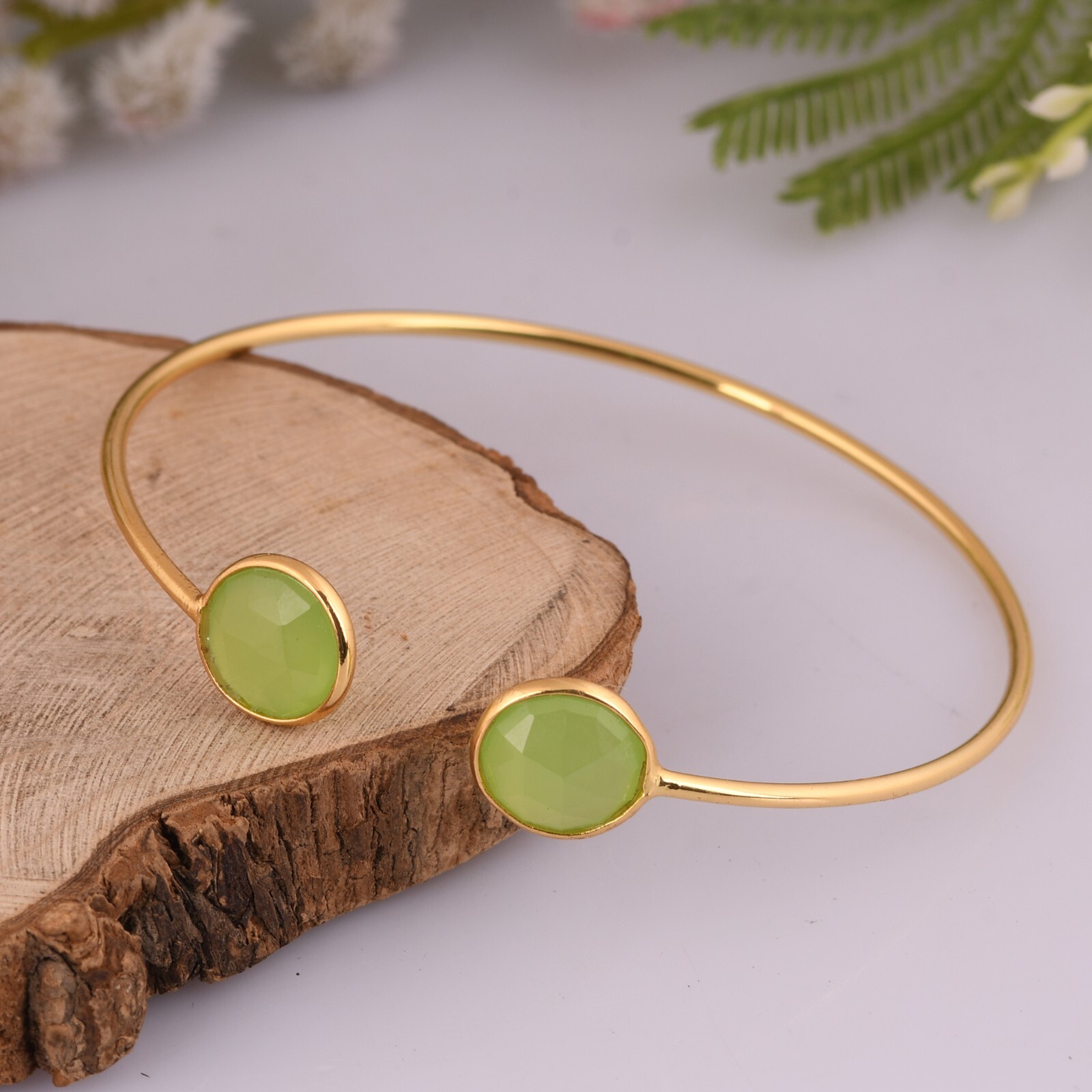 Gemstone Open Bangle Gold Plated Adjustable Cuff Bracelet With Green Prehnite