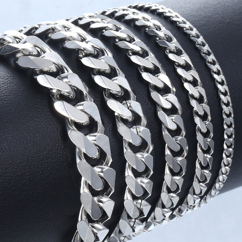 3/5/7/9/11mm Stainless Steel Curb Cuban Link Bracelet Silver Men’s Chain 18-25cm
