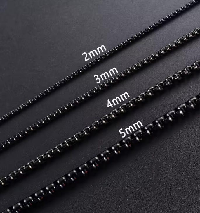 Black Popcorn Chain Round Box Link Men’s Necklace, Black Stainless Steel 2mm 4mm