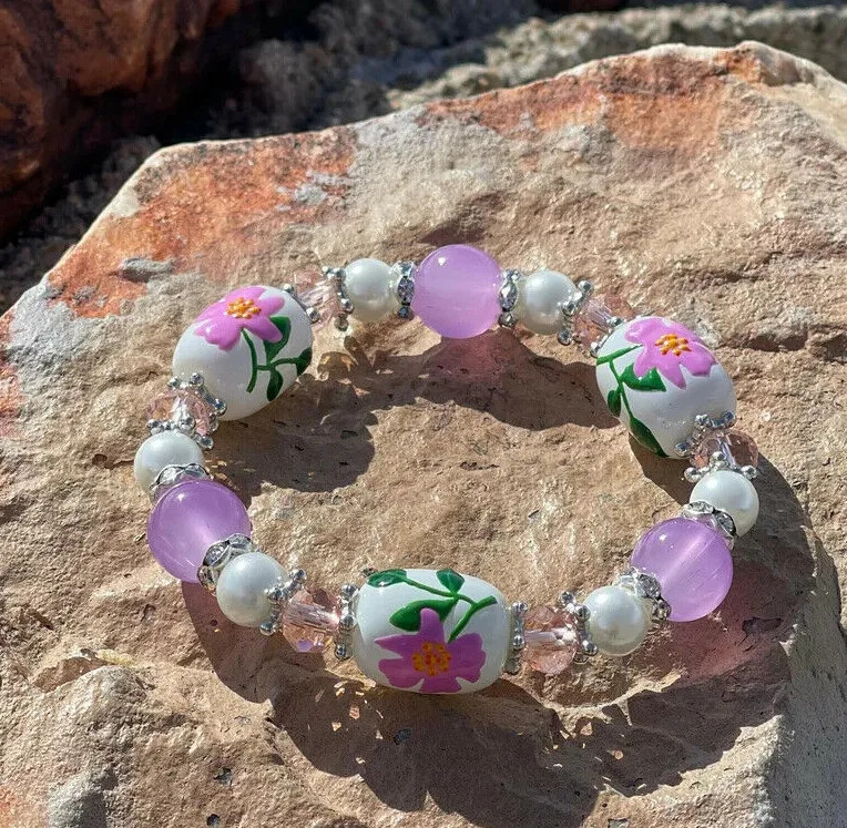 Flower Bracelet North Dakota State Flower Prairie Rose Flower Bracelet Pink