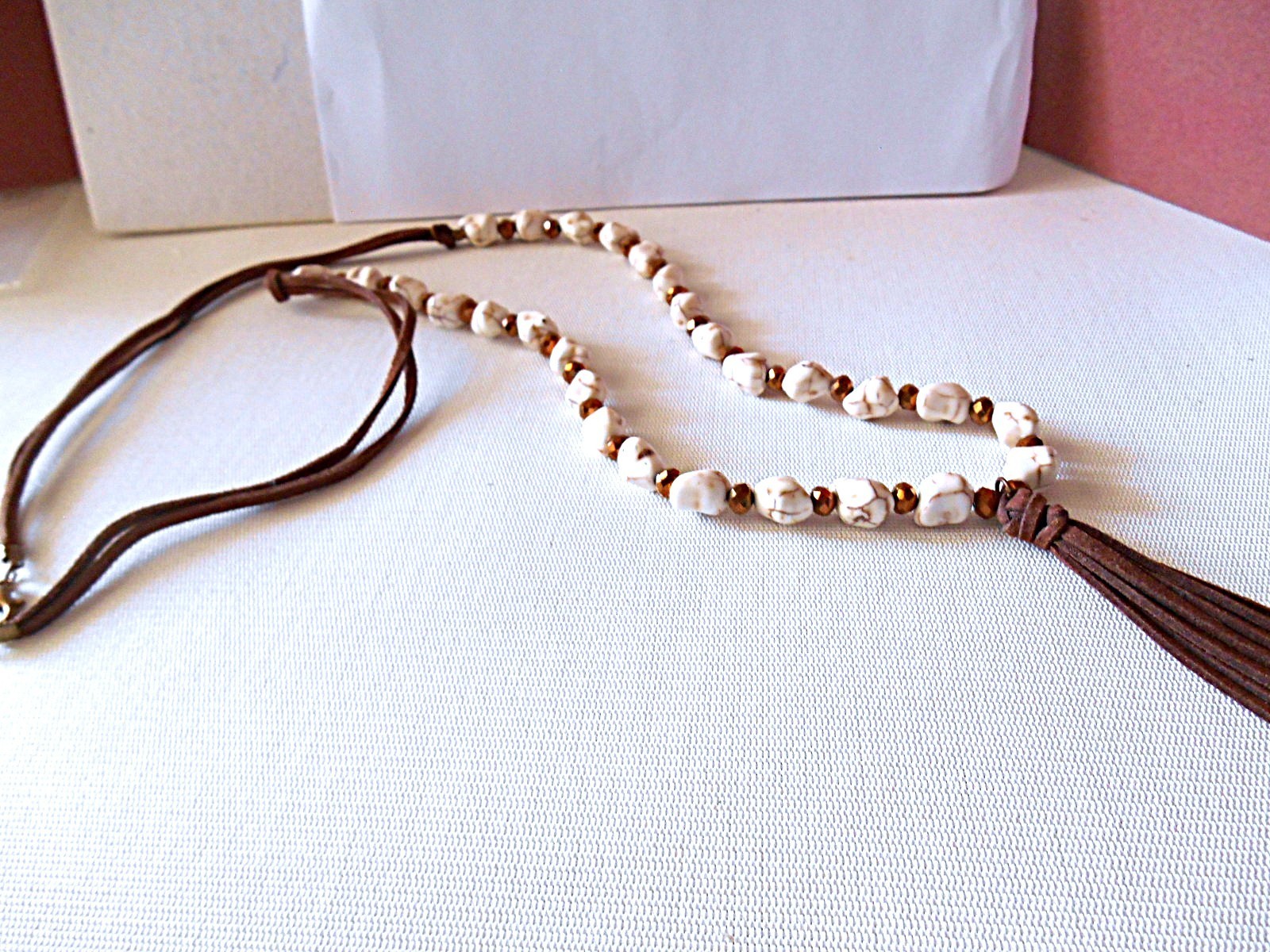 Bronzetone & Brown / Beige Beaded Tassel Necklace