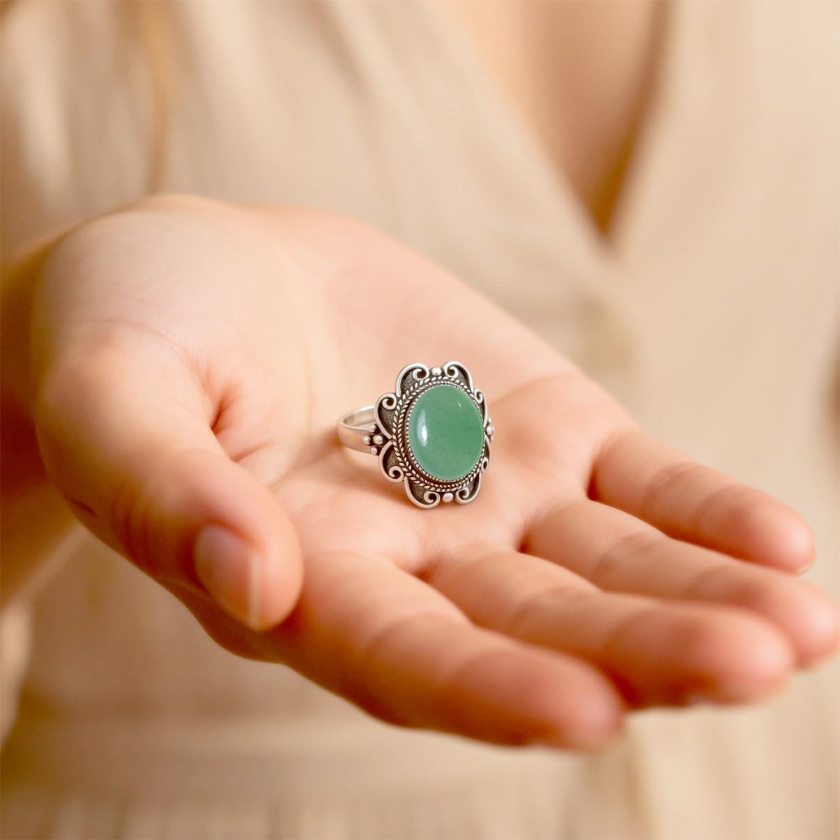 Sterling Silver Natural Green Dongling Jade Stone Ring,Antique Vintage Oval G…