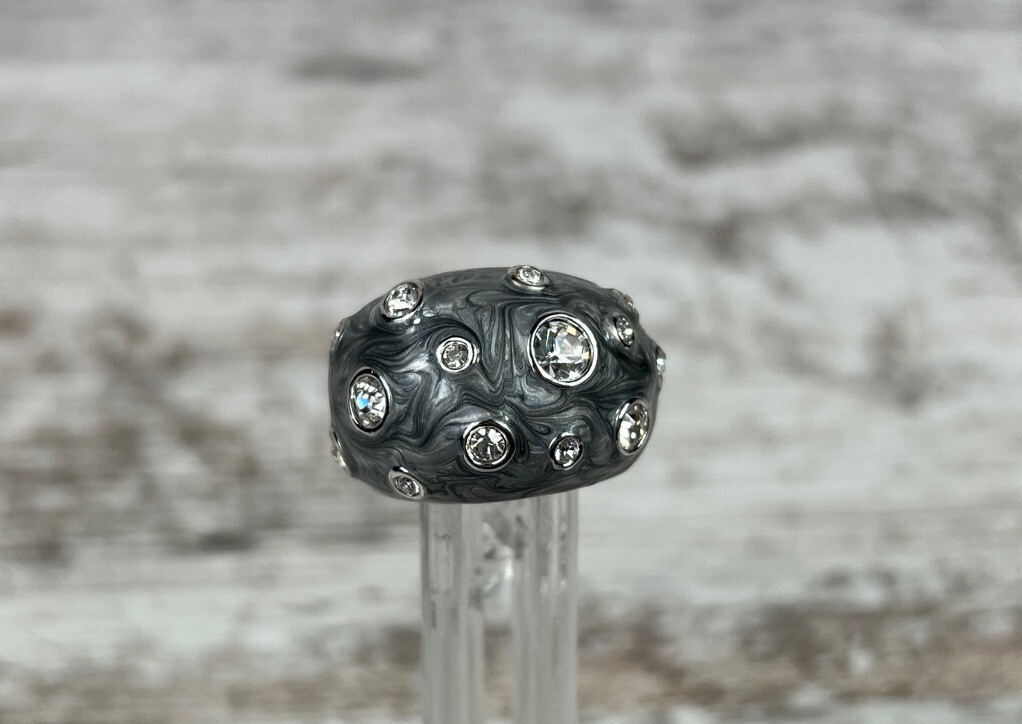 Lia Sophia Panache Ring Size 10 Silver Black Gray Swirls Rhinestones Dramatic!