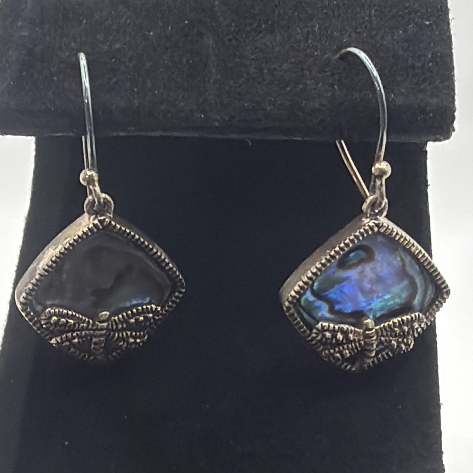 Silver Tone Abalone Shell Inlay Dangle Earrings Square Bezel Hook Blue Green