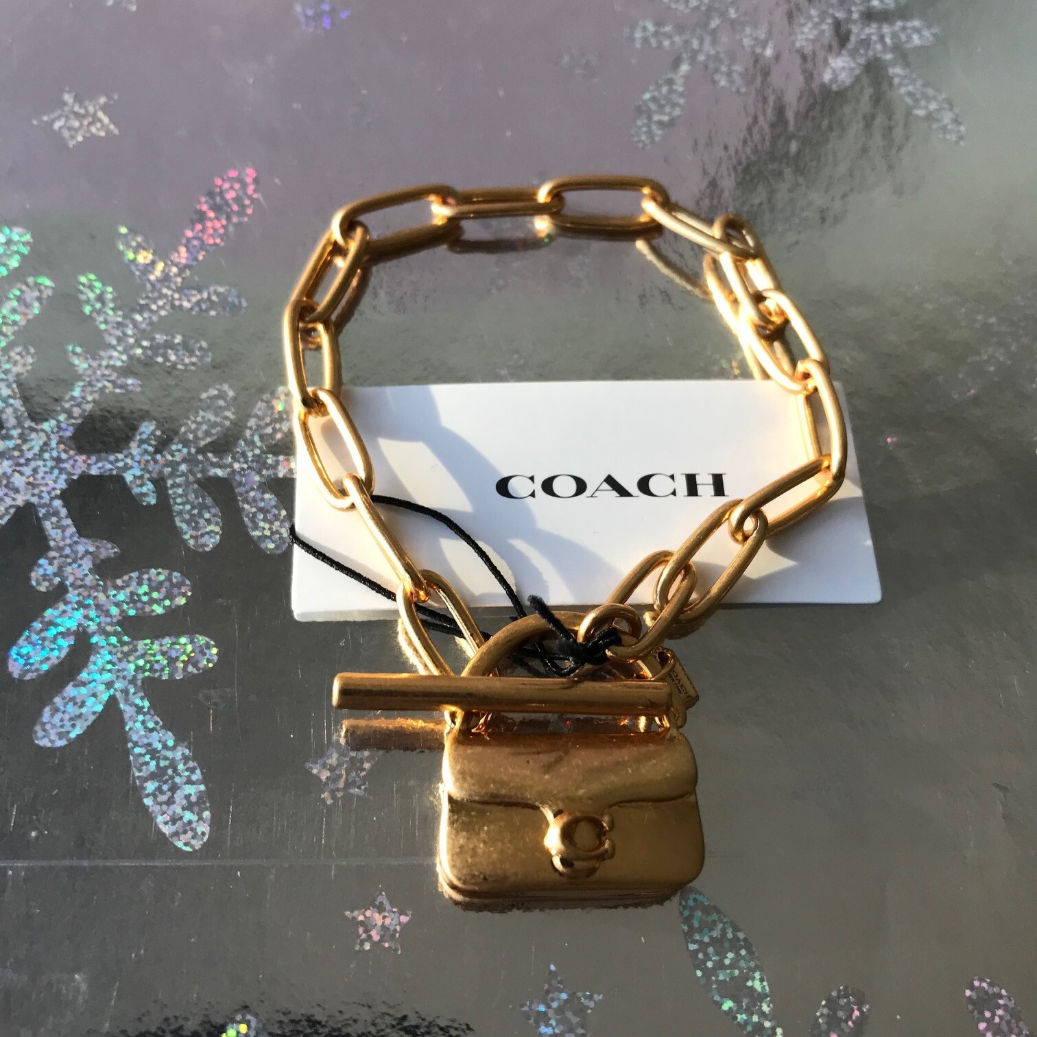 COACH MINI TABBY HANDBAG CHARM Matte Gold Tone Brass Chain Bracelet NWT