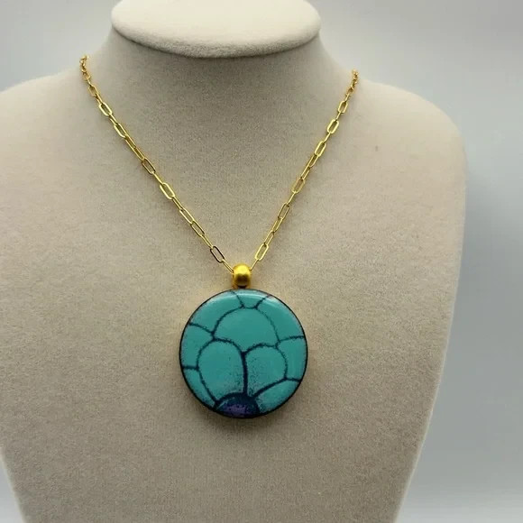 LeighElena Artisan Magnetic Pendant Necklace Oval Link Turquoise & Gold Tone