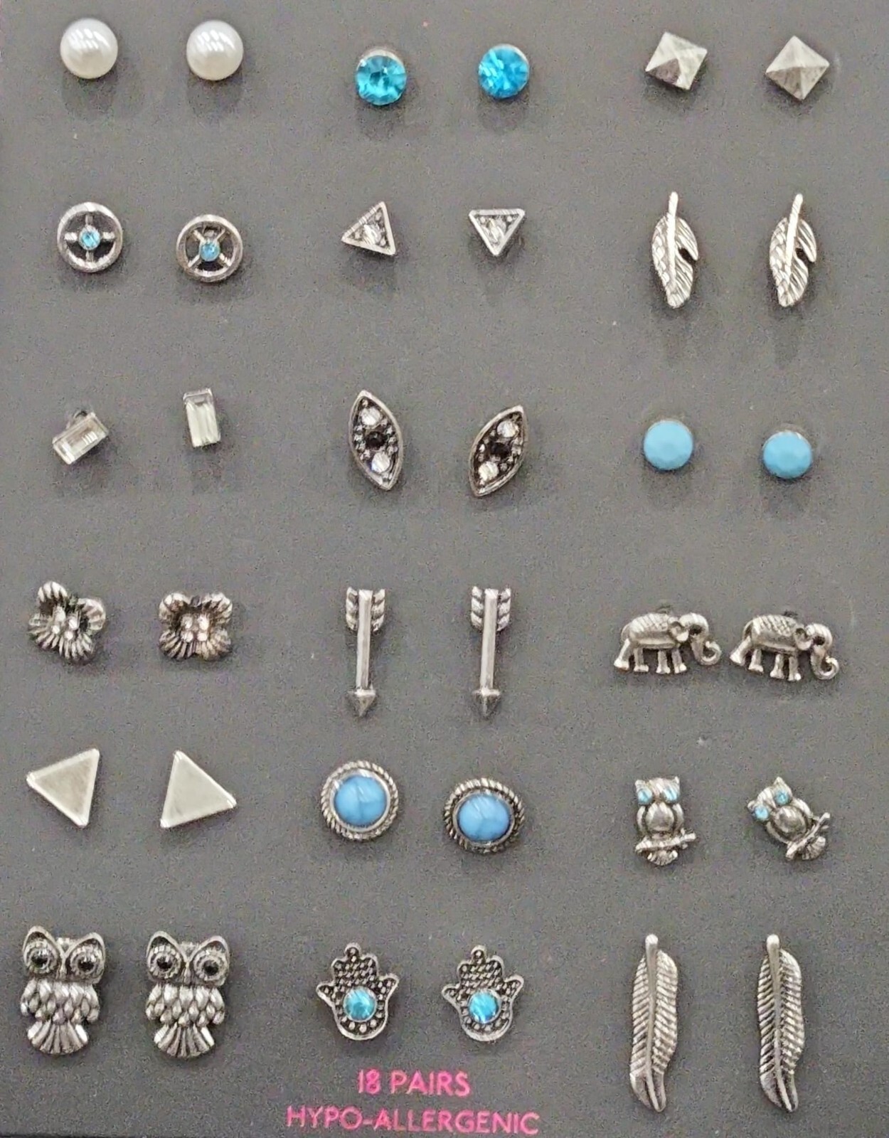 No Boundaries Turquoise and Brushed Silver Boho Stud Earrings, 18 Pack