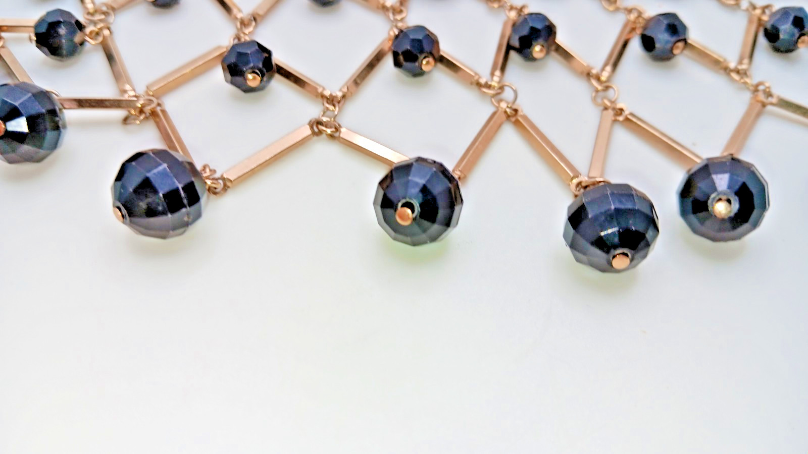 Statement Bib Choker Style Necklace Geometric Black Plastic Gold Tone Metal 14″
