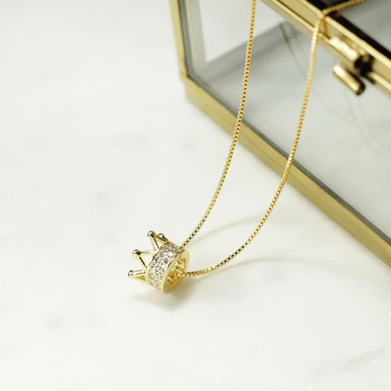 Petite Crown Pendant Necklace Rhinestones, Gold Plated Sterling Silver, 15–17 in