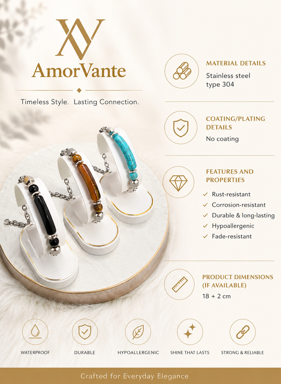 AmorVante Stainless Steel Bracelet Men Women Luxury Stone Chain Bracelet Gift