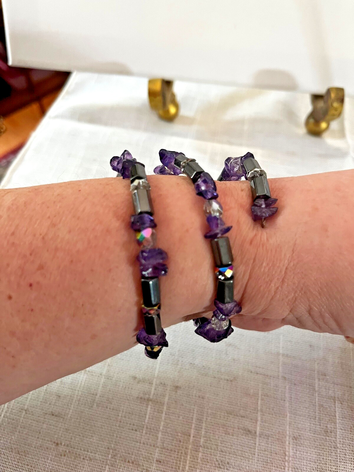 Hematite Scalloped Rectangle Round & Dark Purple Barrel Stretch Bracelet…