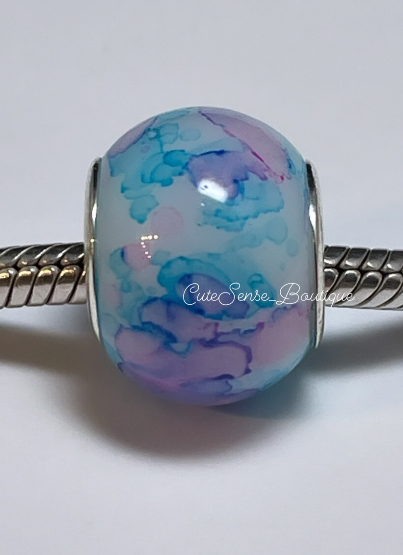 Mixed Ink Splatter Resin Glass Murano Bead European SILVER PLATED Charm
