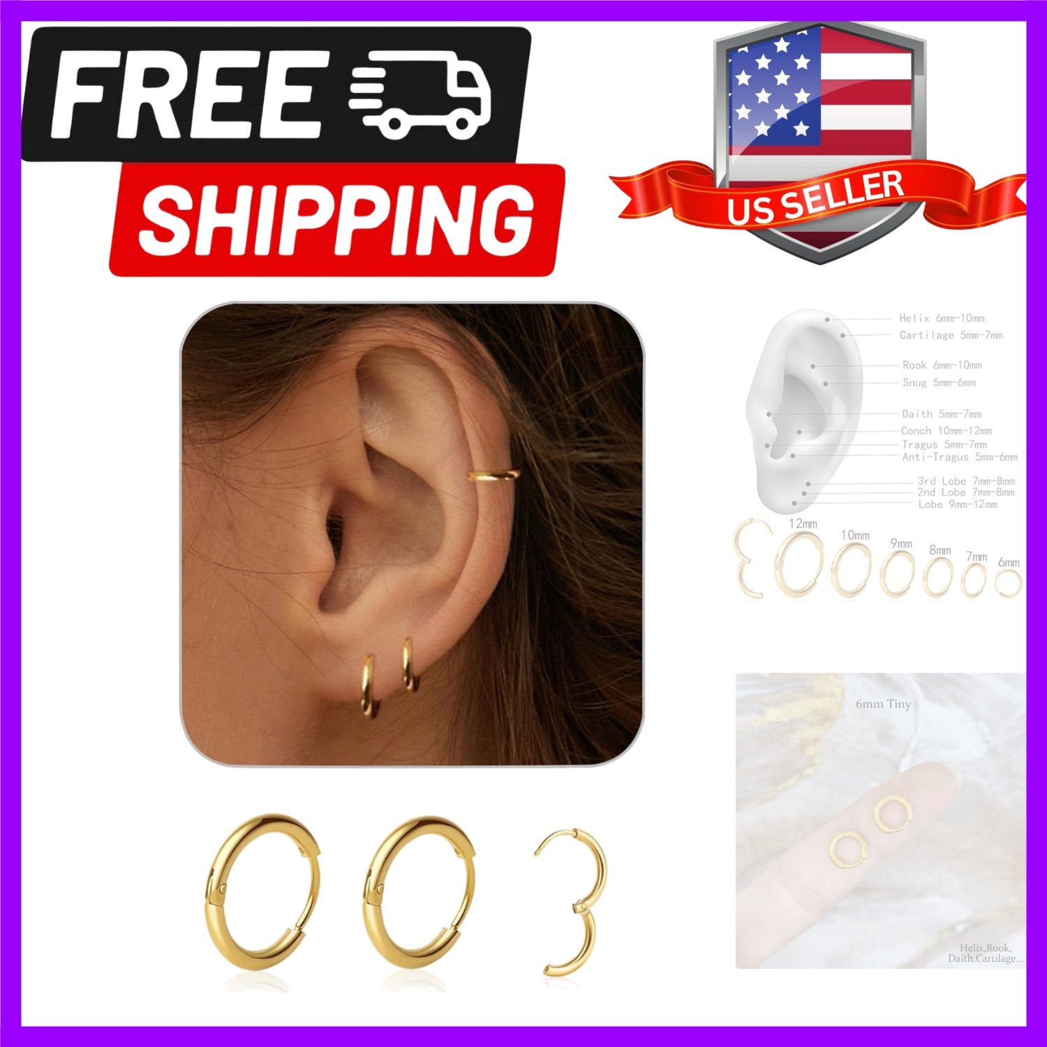 1 Pair 6mm Small Hoop Earrings for Women, Dainty 14K Gold Plated Huggie Hoop …