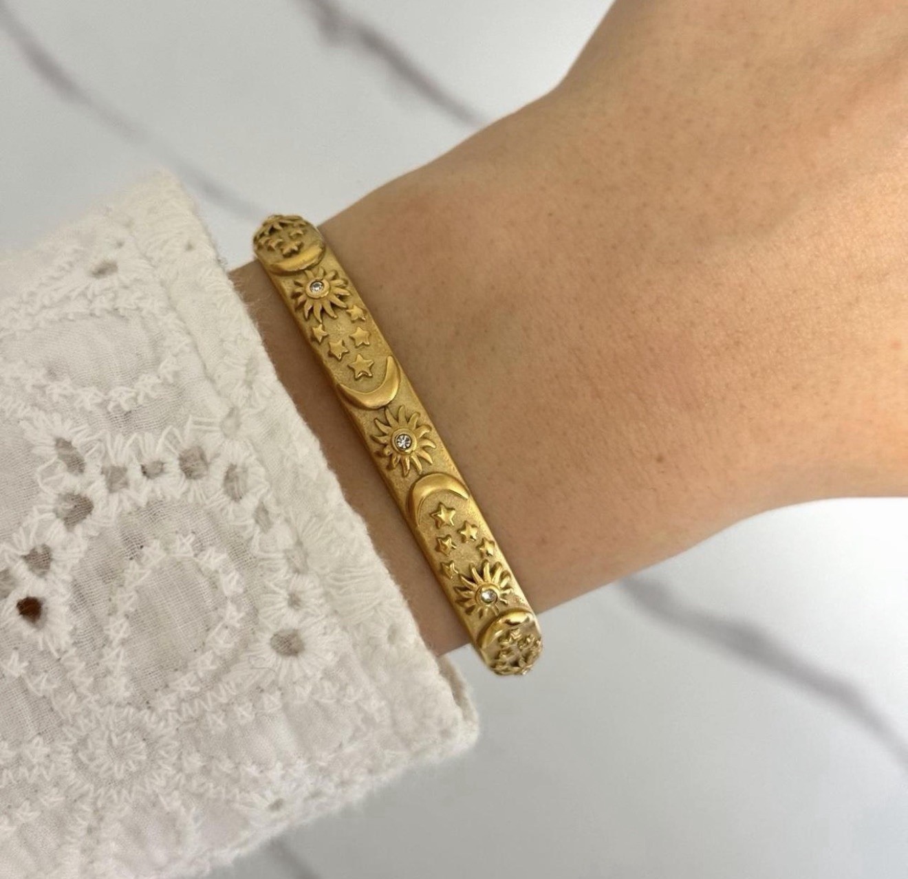 18k Gold Vintage vibe gold bracelet sun moon stars zircon stones