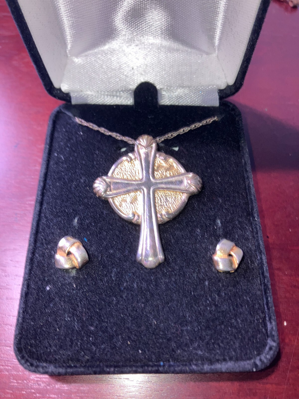 Vintage Silver Two-Toned Cross Necklace (Gorham Sterling) & Interwoven Earrings
