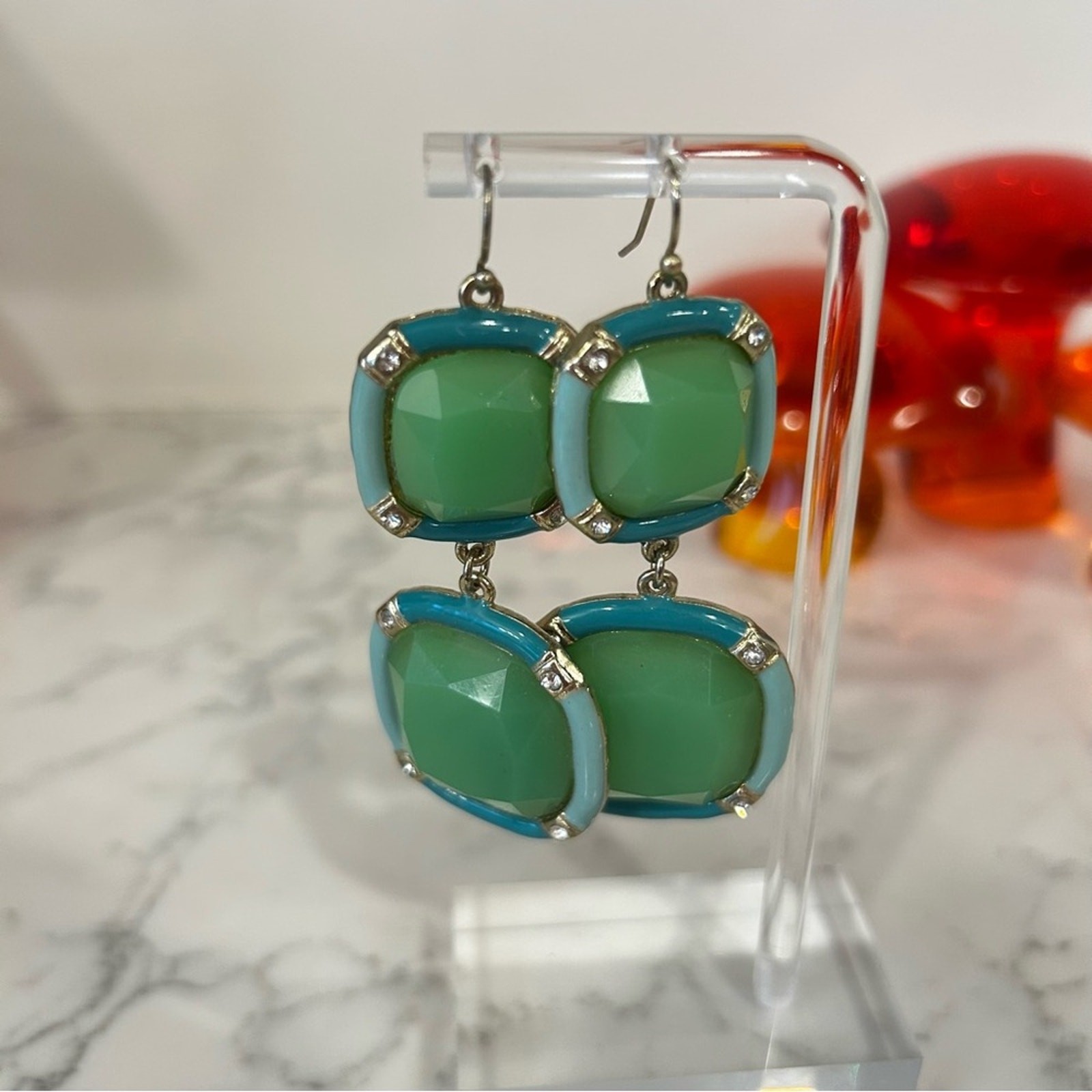 Double Square Teal Green Blue Dangle Earrings