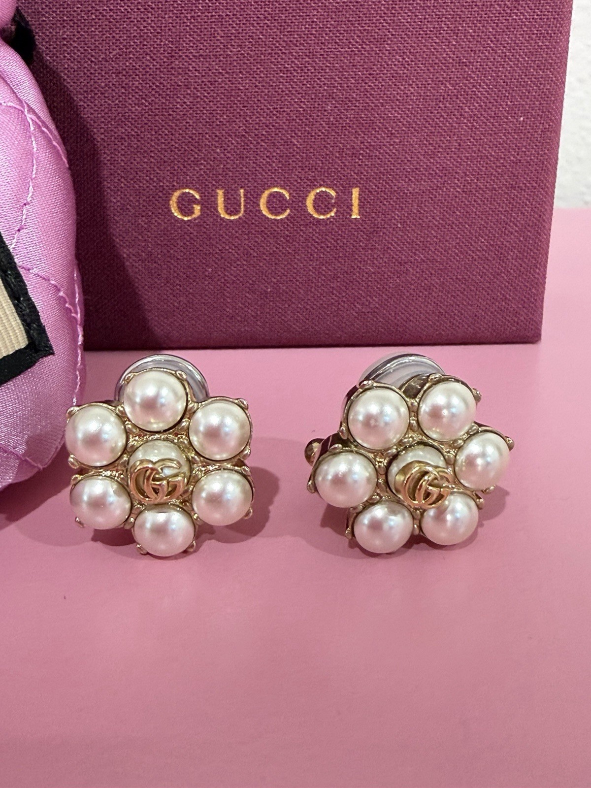 Authentic Gucci Double GG Faux Pearl Flower Earrings.
