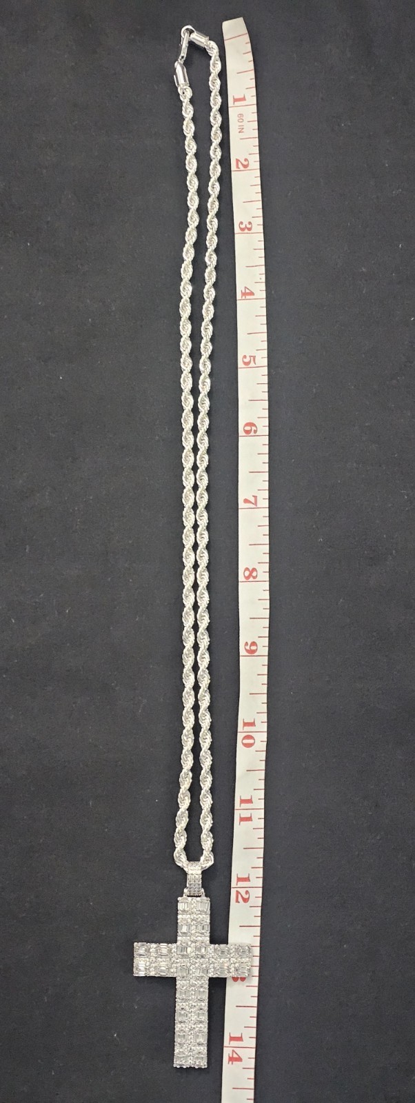 24in 925.silver-plated brass-3.7mm Rope chain w/baguette CZs large cross