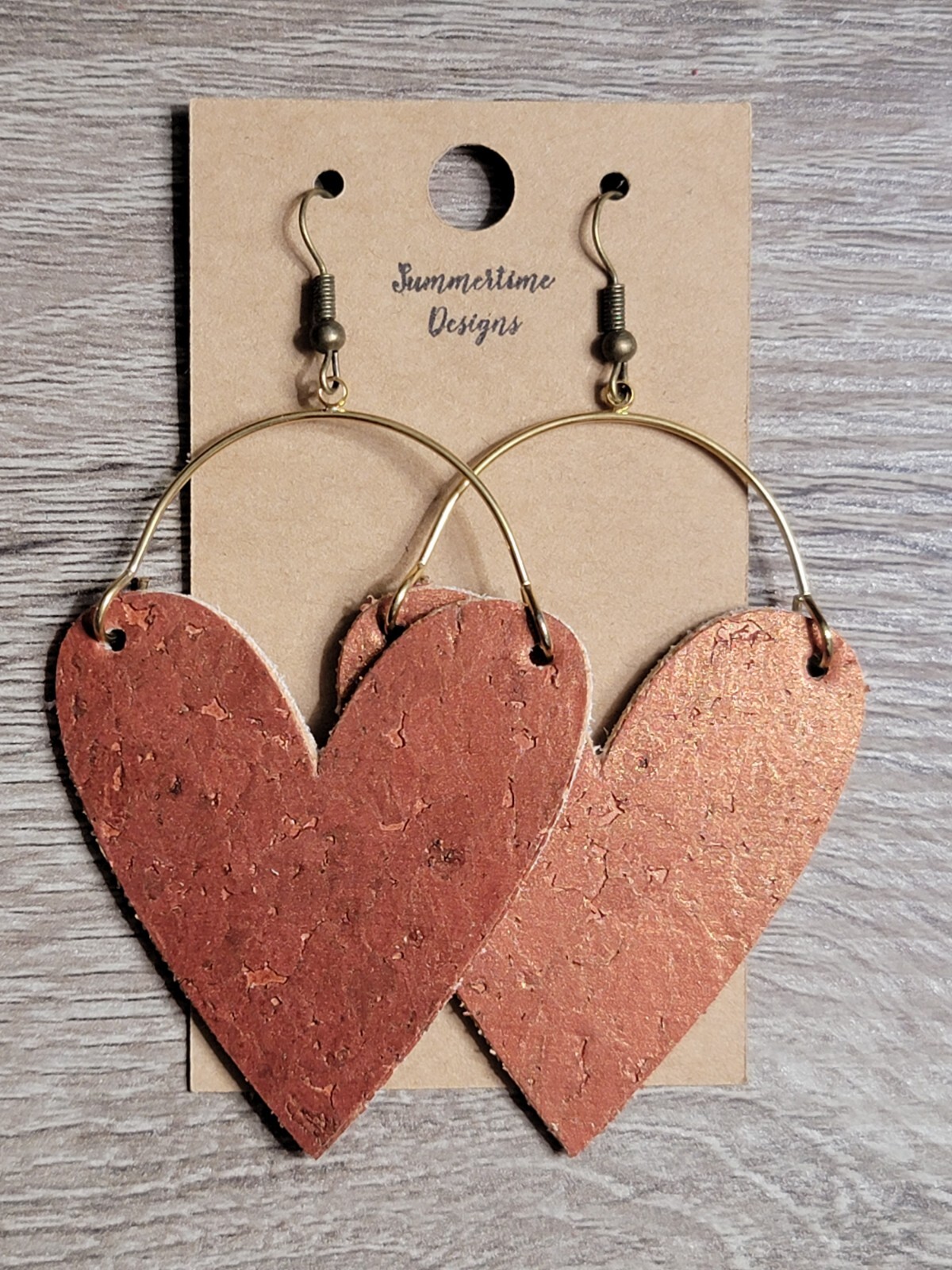 GENUINE Leather Backed Cork Heart Earrings Metallic Rusty Orange 3.5″