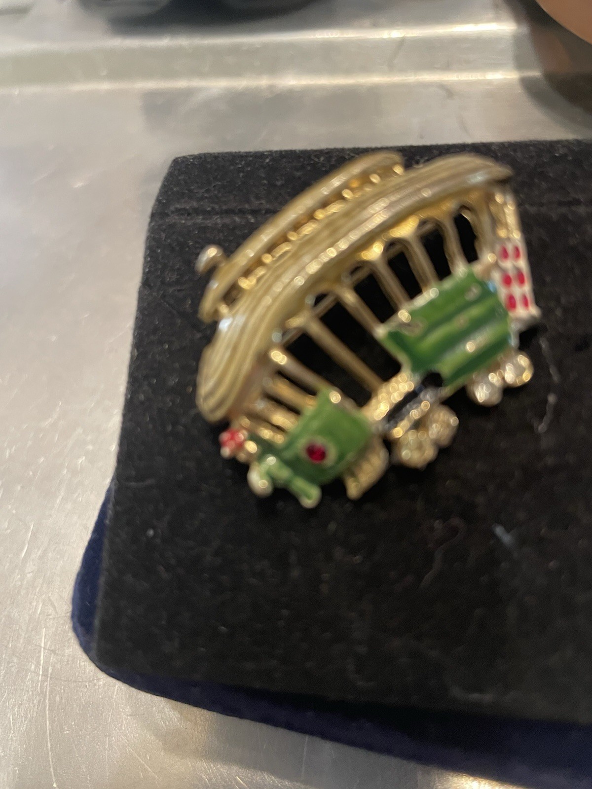 Trolley Streetcar Brooch Gold Tone Green Red Black White. Red Stone Headlight