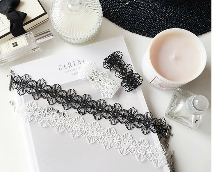 Retro Women Black Lace Flower Choker Necklace Bracelet Punk Gothic Jewelry Set